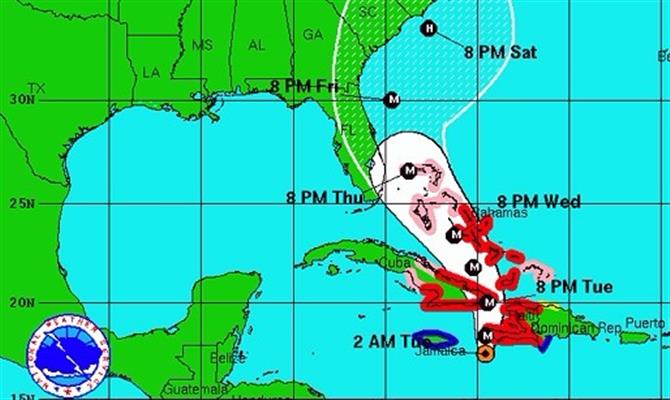 Em branco, o campo de ação do furacão Matthew. Em vermelho as fronteiras que podem ser atingidas com maior força