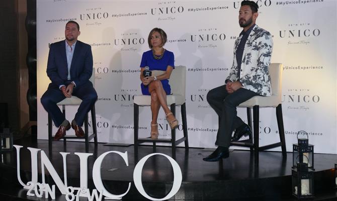Entique Martin del Campo, Irma Yeo e Leonel Reyes, da RCD Hotels, na apresentação do Unico realizada no fim do mês passado