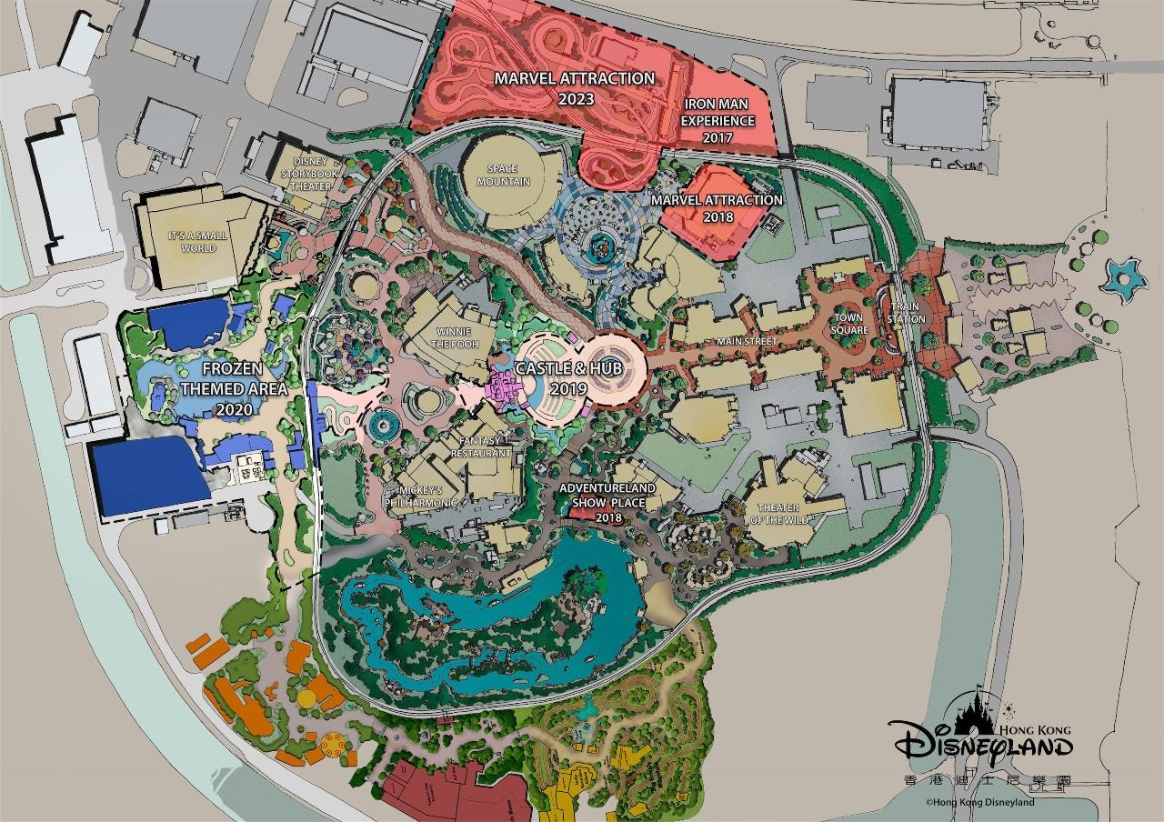 A planta geral do Hong Kong Disneyland com as novas atrações