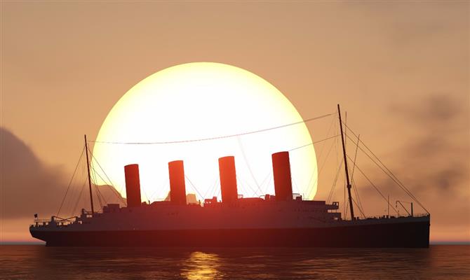 Imagem do Titanic no pôr do sol recriada em computador