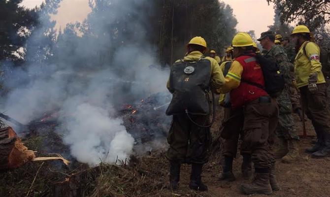Foto divulgada pelo Exército chileno mostra equipes tentando combater fogo