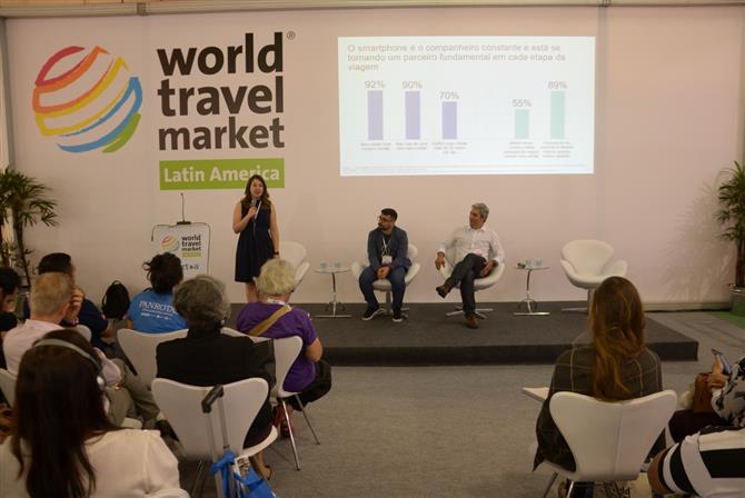 Os palestrantes durante a WTM, Fernanda Alcantara e Daniel Ferreira, consumer insights do Facebook; e Leonardo Mello, da área de brand consumer expriences na GFK