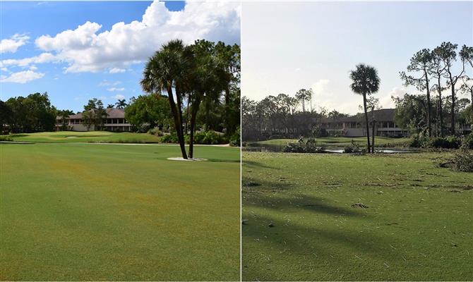 Imagem do Crandon Golf Course, Key Biscayne, antes e depois do Irma.