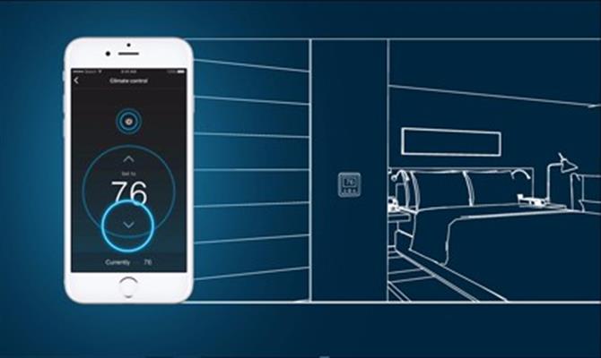 Modelo do app, que permitirá o controle do nível de iluminação do quarto pelo smartphone, entre outras funcionalidades