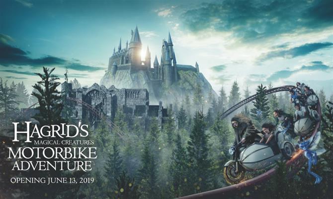 Nome, tema e data de abertura da montanha-russa do Harry Potter foram revelados; na imagem ilustrativa, Hagrid comanda a ventura na Floresta Proibida em sua moto mágica com sidecar