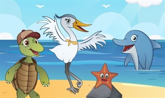 Guardiões Infinity: o golfinho Tom, a garça Amore, a tartaruga Guga e a estrela-do-mar Liz