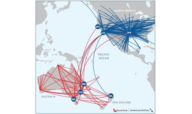 Mapa de rotas integradas entre a American e a Qantas