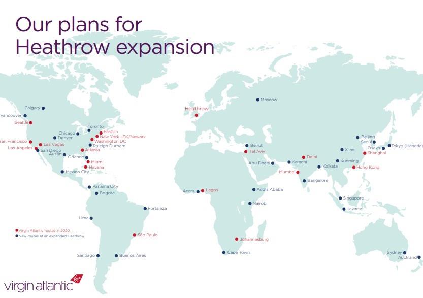 Mapa com as rotas que serão iniciadas em 2020 e com os destinos que serão servidos pela companhia após o aumento da capacidade no aeroporto de Heathrow