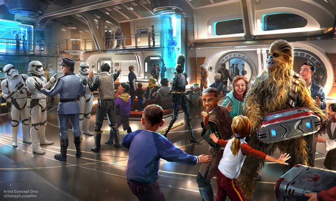 Previsão de como será o lobby de Star Wars: Galactic Starcruiser