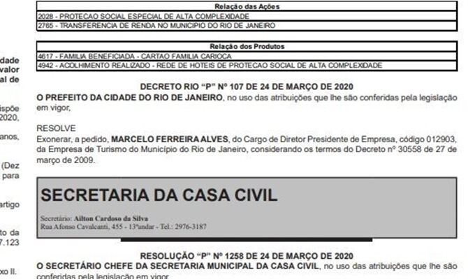 Trecho do DO do Rio de Janeiro com o pedido de exoneração de Marcelo Alves