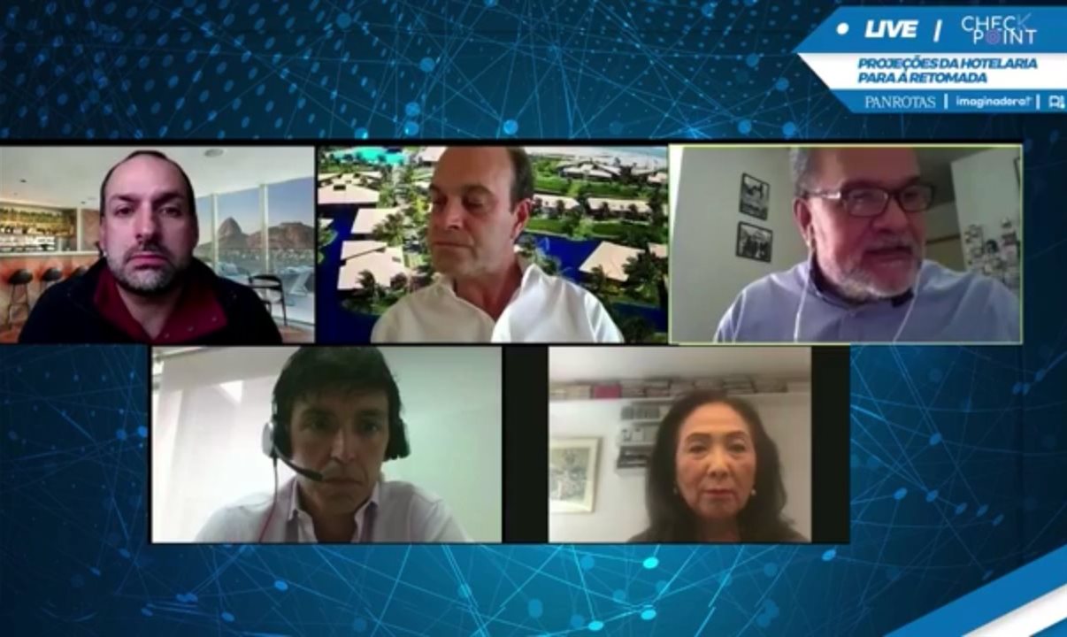 Marcelo Marinho, da Intercity, Pedro Ribeiro, da Dom Pedro Hotels, Artur Andrade, da PANROTAS, Tiago Varalli, do Club Med, e Chieko Aoki, da Blue Tree, participaram da live