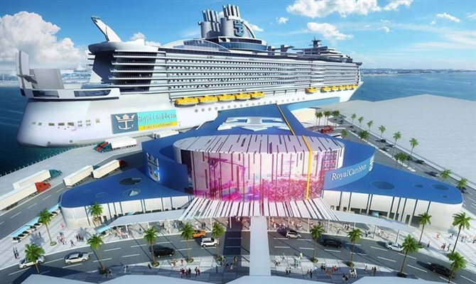 Representação do futuro terminal da Royal Caribeean no porto de Galveston