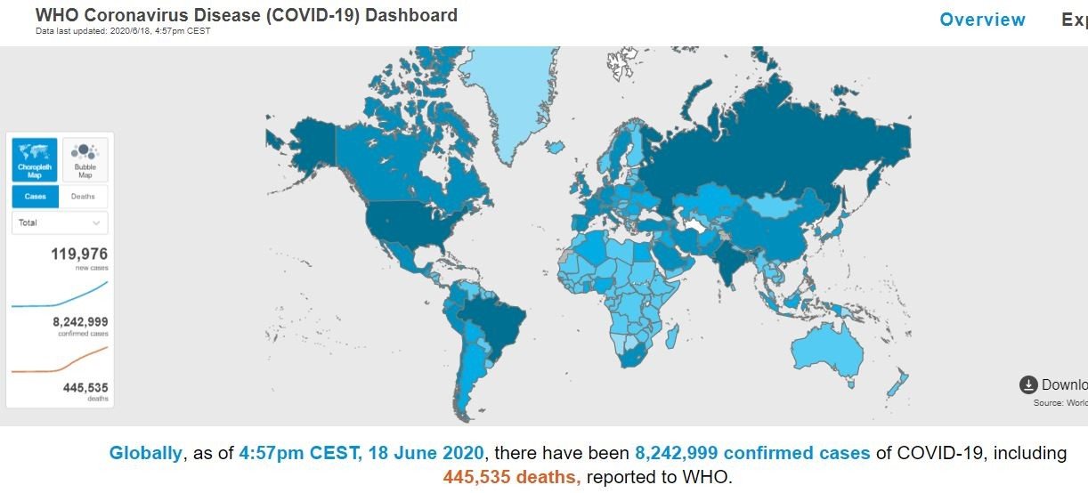 Mapa do site da OMS (WHO na sigla em inglês) é atualizado com o avanço da covid-19 no mundo