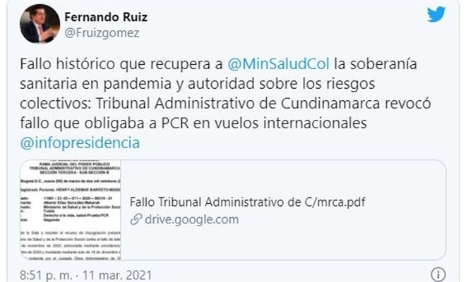Fernando Ruiz, ministro da Saúde da Colômbia, comunicou a decisão na última quinta-feira