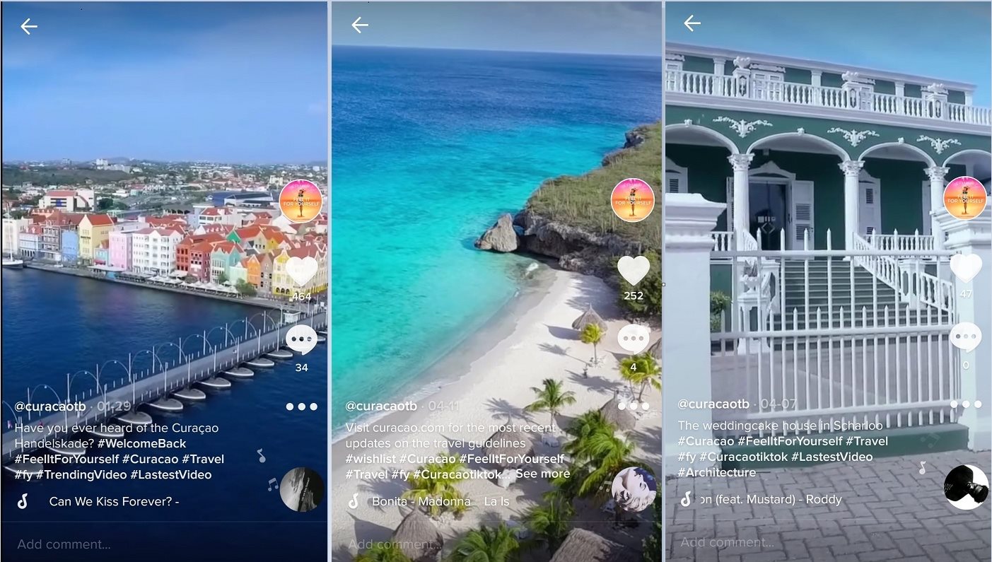 Parte das postastes do destino na plataforma mostram as paisagens de Curaçao