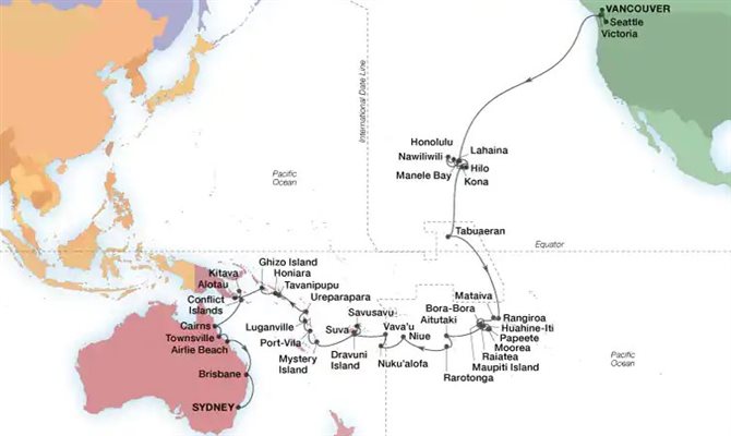 O Seabourn Odyssey visitará 41 portos, 30 ilhas, 12 países
