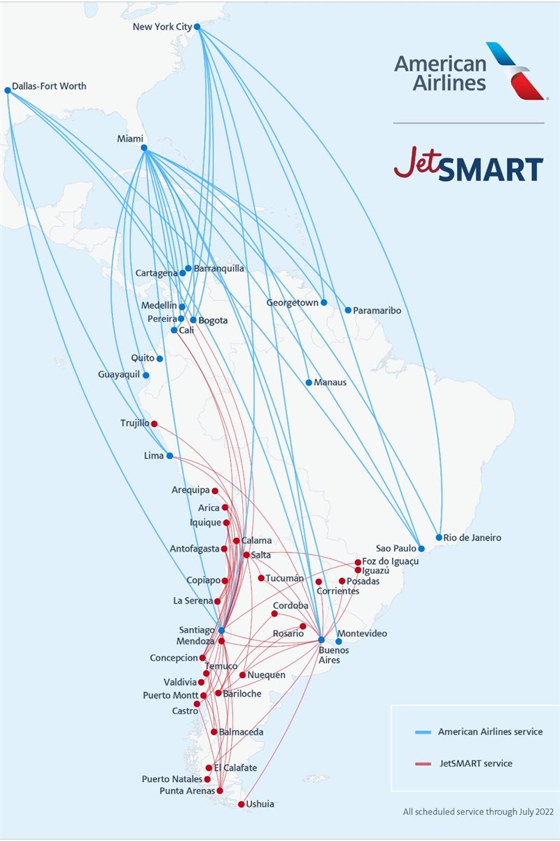 Serviços da AA e JetSmart para e dentro da América do Sul<br/>