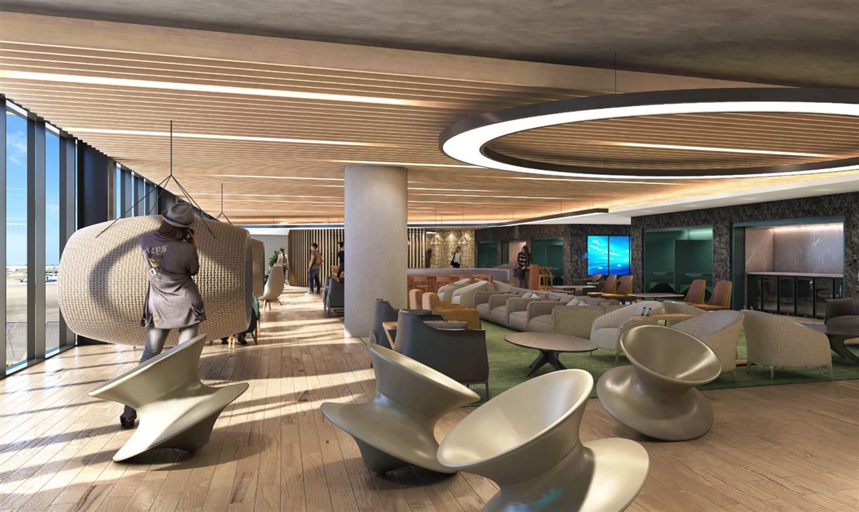 A projeção mostra como deve ficar o Plaza Premium Lounge no GRUAirport