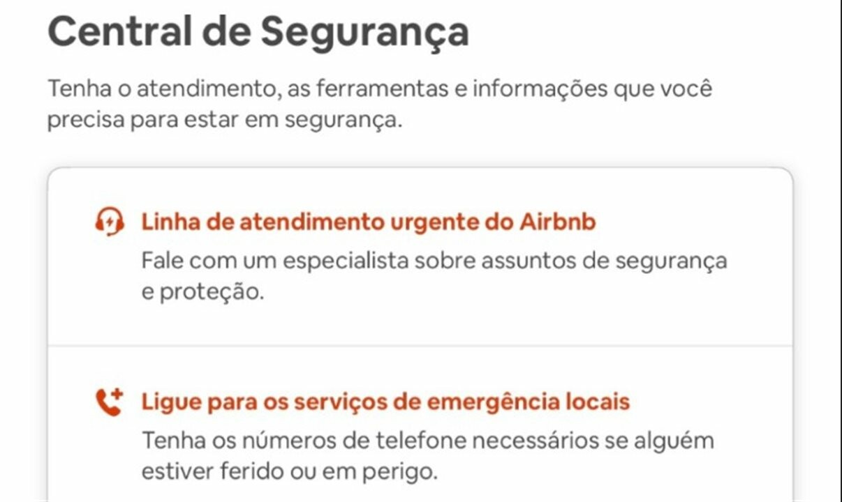 Ilustração de como a linha de atendimento urgente aparece na central de segurança no aplicativo do Airbnb