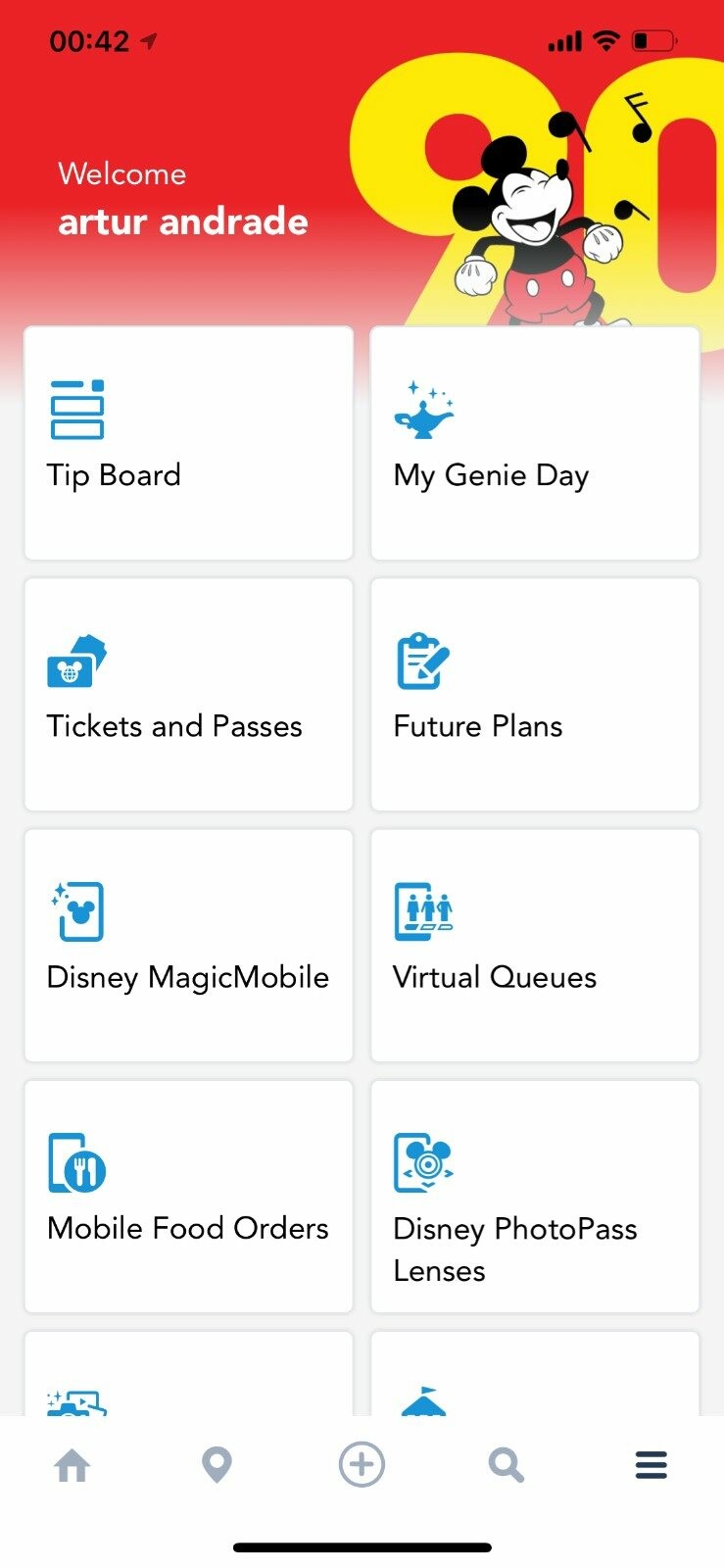 Página principal do My Disney Experience, app que reúne todas as compras e planejamentos para as visitas aos parques e resorts Disney