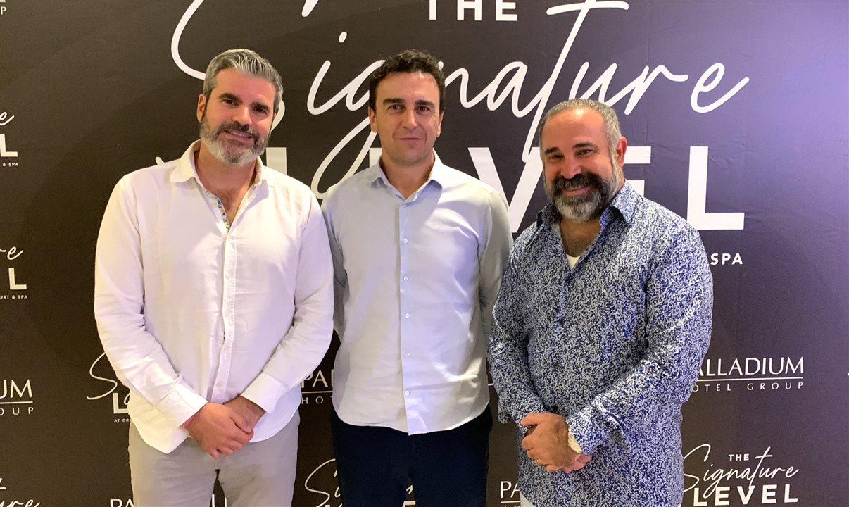 Jesus Sobrino, CEO, Abel Matutes Prats, presidente, e Sergio Zertuches, diretor corporativo de Marketing e Vendas do Palladium Hotel Group