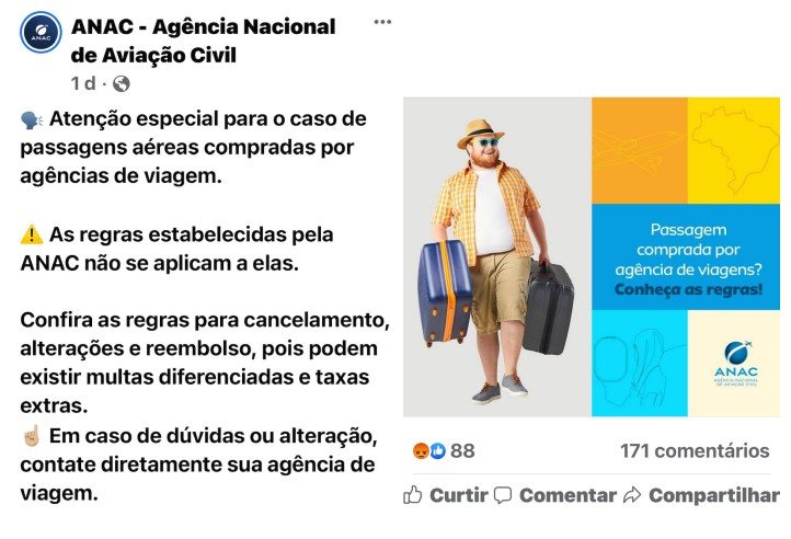 Post original da Anac que causou revolta nos agentes de viagens brasileiros