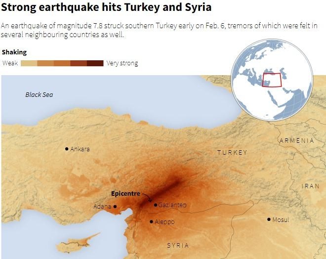 Mapa da Reuters mostra o epicentro do terremoto na Turquia, próximo a fronteira com a Síria