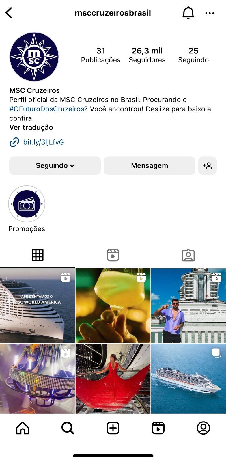 A conta brasileira da MSC Cruzeiros no Instagram começou a funcionar há pouco mais de um mês