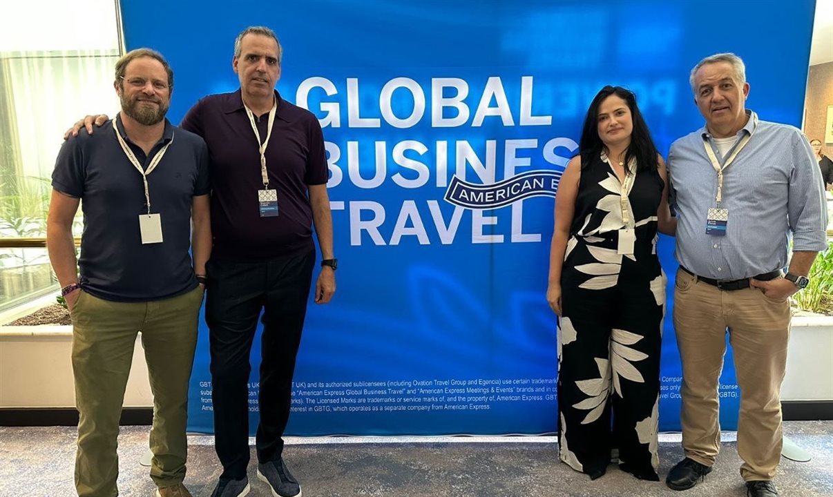 Parte da comitiva BeFly no Amex Global: Luciano Guimarães, Marcelo Cohen, Manuela Bernardes e Sylvio Ferraz