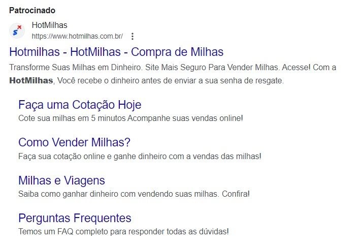 Anúncio da HotMilhas no Google