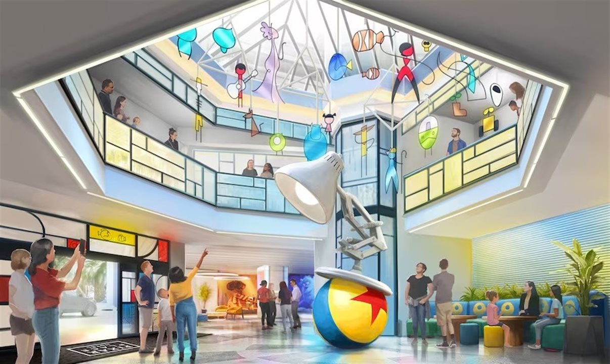 Hóspedes do Pixar Place Hotel já terão contatos com as histórias e personagens do estúdio de animação no lobby