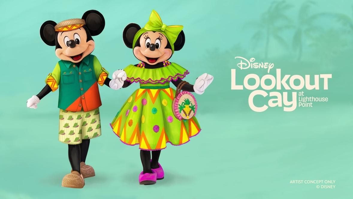 Mickey e Minnie com os seus trajes feitos exclusivamente para Disney Lookout Cay at Lighthouse Point
