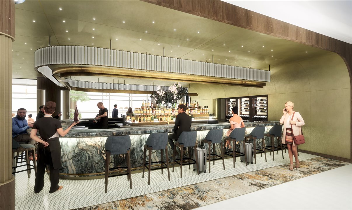 Perspectiva do ambiente do bar do novo lounge premium da Delta no Aeroporto de Nova York-JFK
