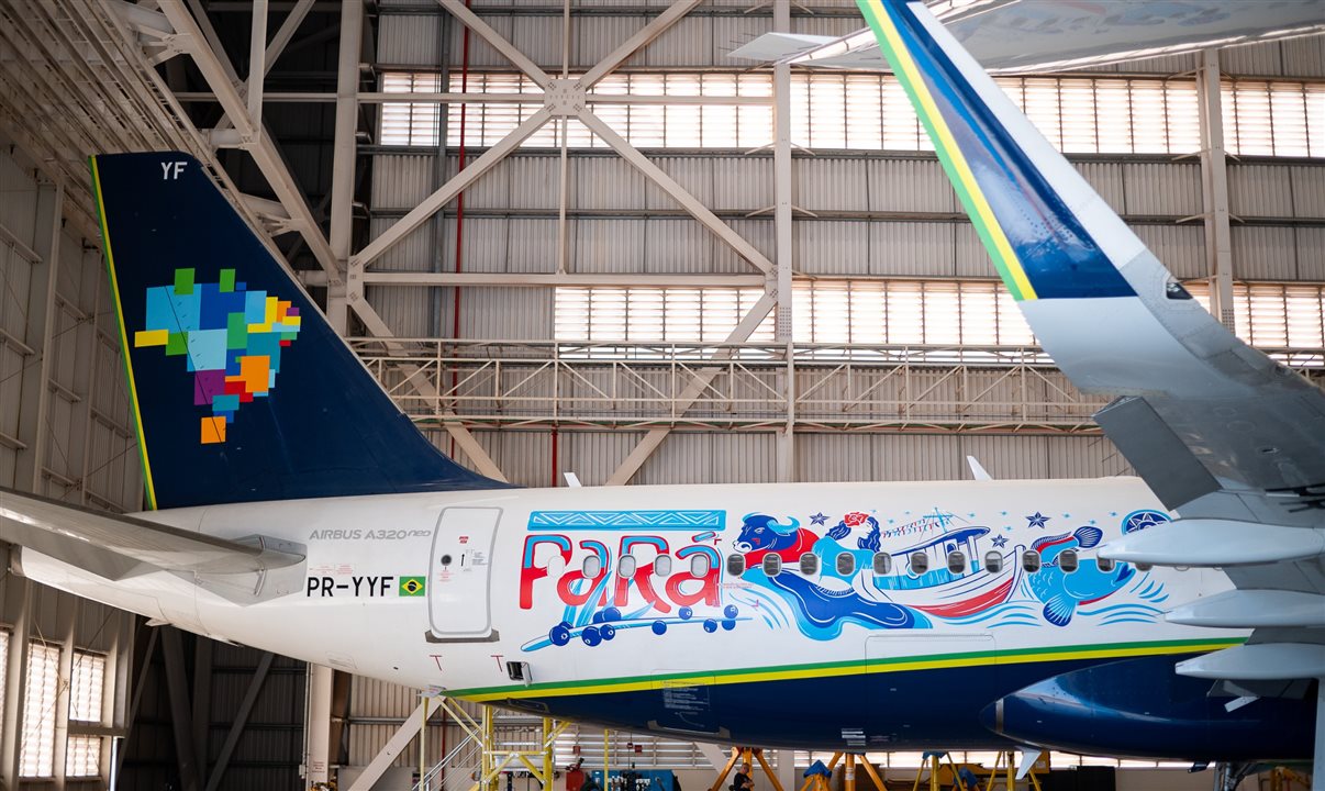 Aeronave adesivada em homenagem ao Pará promovendo o programa “Conheça o Brasil Voando”