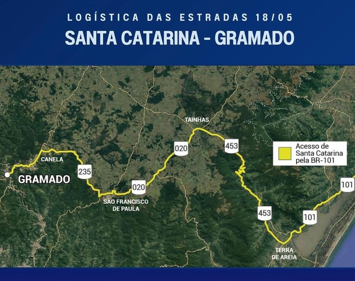 Imagem divulgada pelo Festuris mostra rota a Gramado saindo de Santa Catarina via BR-101