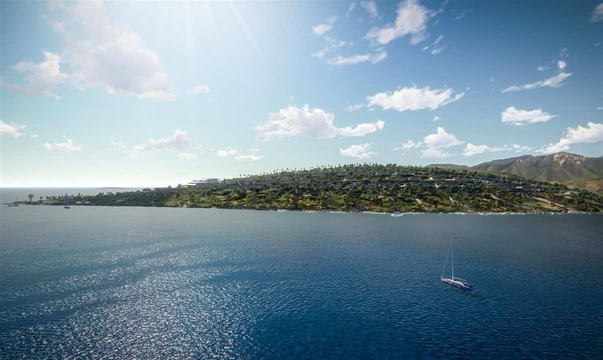 Uma imagem renderizada da península que hospeda o Bvlgari Resort Bodrum