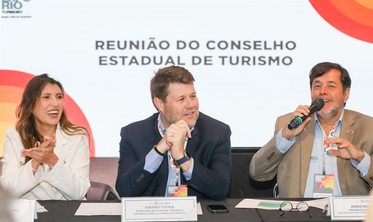 Ana Carla Lopes, secretária executiva do Ministério do Turismo, Gustavo Tutuca, secretário de Turismo do RJ, e Sergio Ricardo, presidente da TurisRio<br/>
