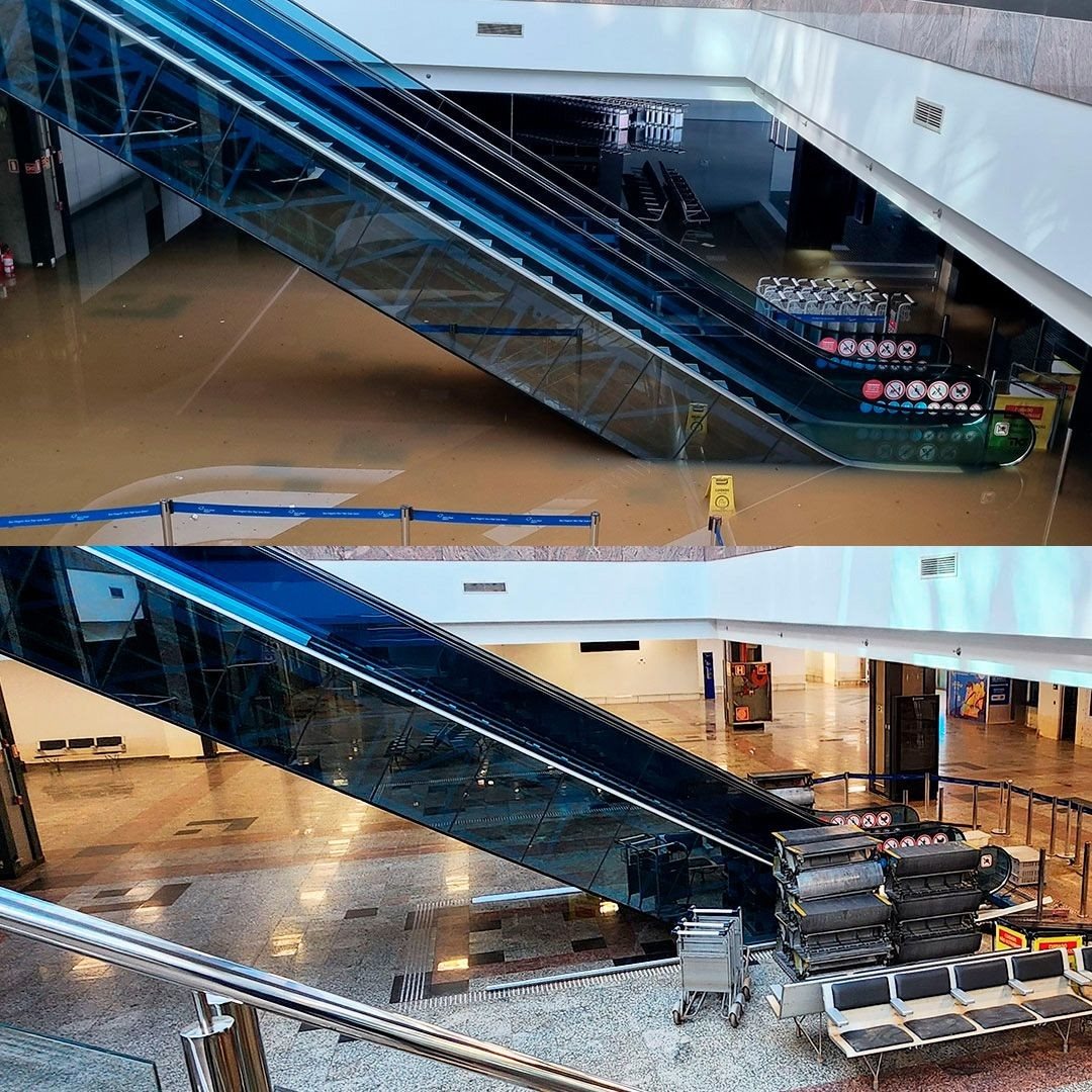 Antes e depois da limpeza do primeiro piso do aeroporto Salgado Filho