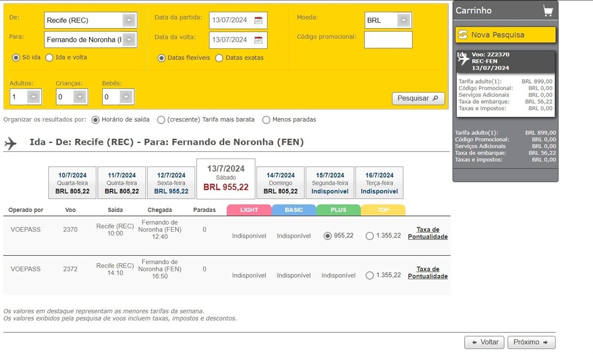 Voos de Recife a Noronha no site da VoePass estão indisponíveis a partir de 15 de julho, enquanto no site da Latam eles são comercializados normalmente
