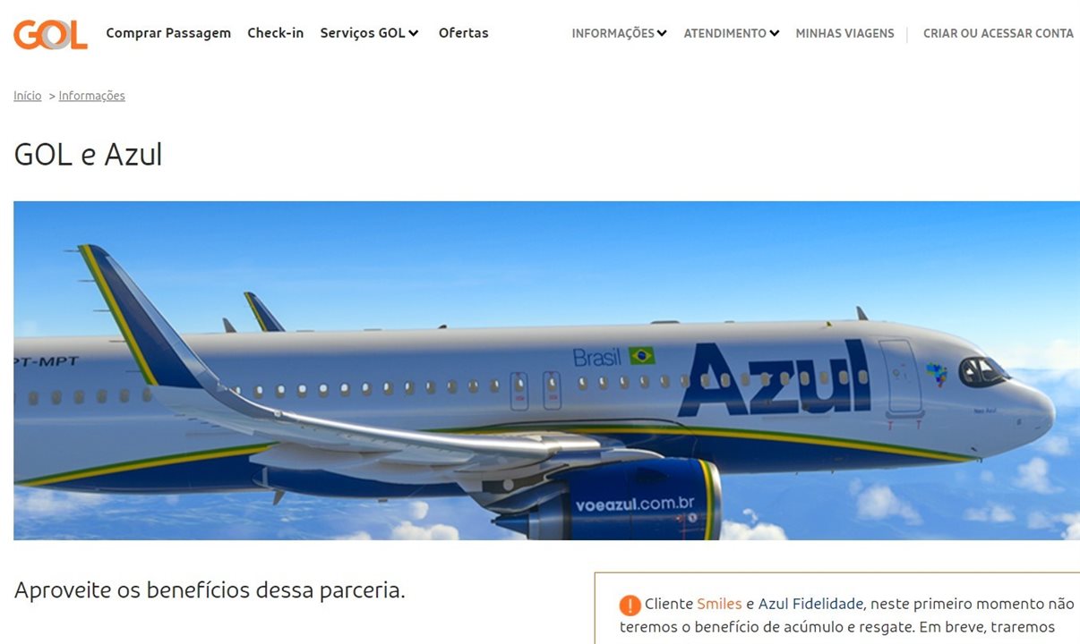 Site da Gol com informações sobre parceria com a Azul