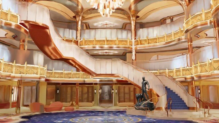 Grand Hall do Disney Destiny, átrio que recebe os passageiros, será exatamente assim