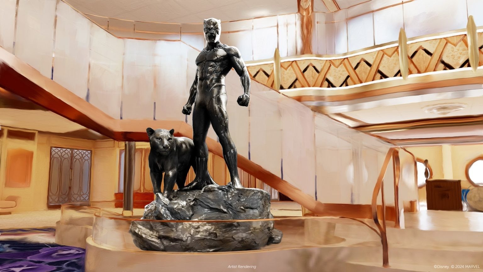  No centro do Grand Hall haverá uma estátua de T'Challa, o Pantera Negra: Rei de Wakanda