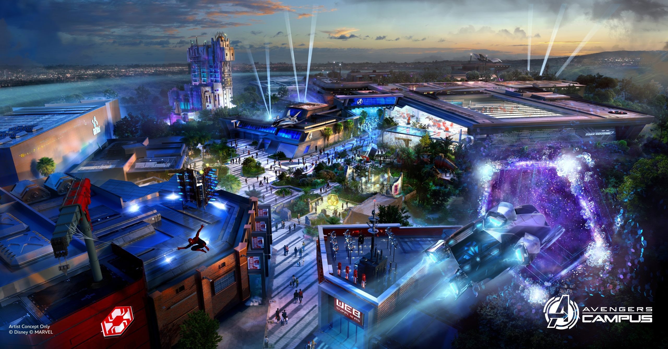 Projeção de como ficará o Avengers Campus, área temática da Marvel, do Disney California Adventure, na Disneylândia Califórnia, com o dobro de tamanho, após a inauguração de duas grandes atrações