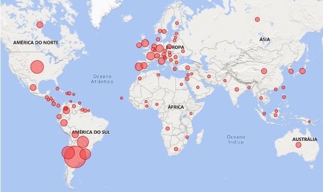 Mapa mostra a origem dos turistas estrangeiros que visitam o Brasil