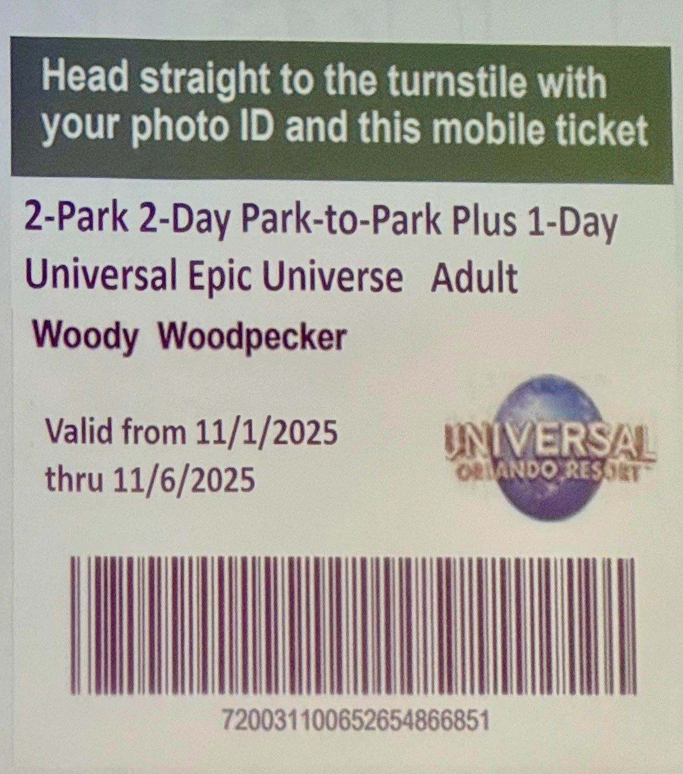 Exemplo do ingresso que incluirá um dia de Epic Universe (Plus 1-Day) e visita ilimitada por 14 dias aos outros três parques da Universal