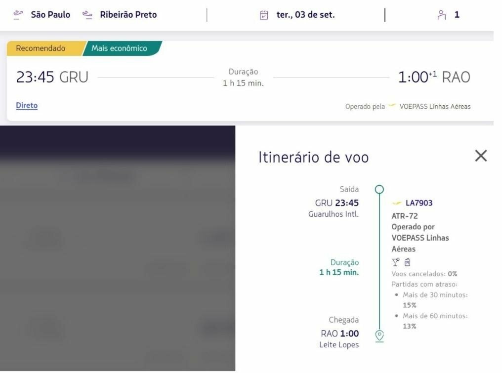 Latam divulgou uma imagem do seu sistema elucidando os voos vendidos por ela, mas operados pela Voepass