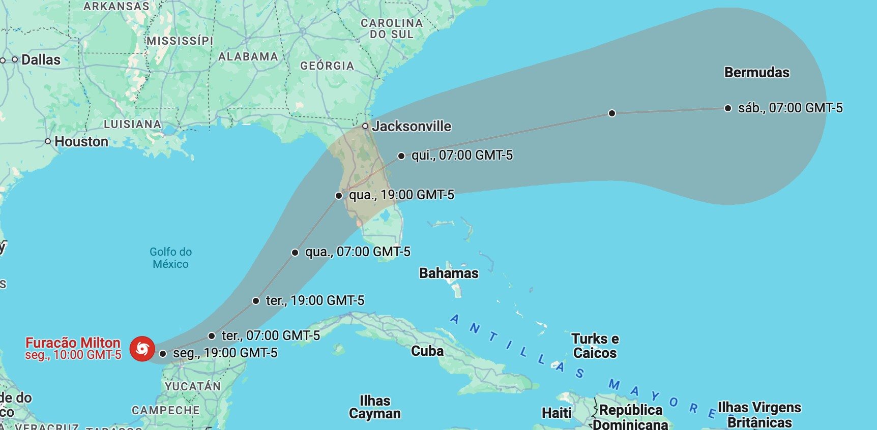 Mapa mostra o avanço do furacão pela Flórida nos próximos dias