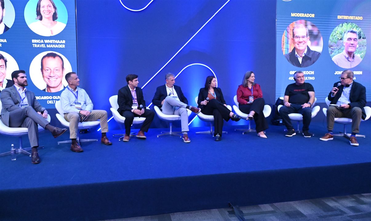 André Sena (Accor), Ricardo Oliveira (Delta), Manoel Vale (Bradesco Cartões), Alexandre Castro (Kontik Business Travel), Jamile Martins (Braskem), Erica Withaar (gestora de viagens), Johnny Thorsen (Spotnana) e Greeley Koch (490 Consulting)