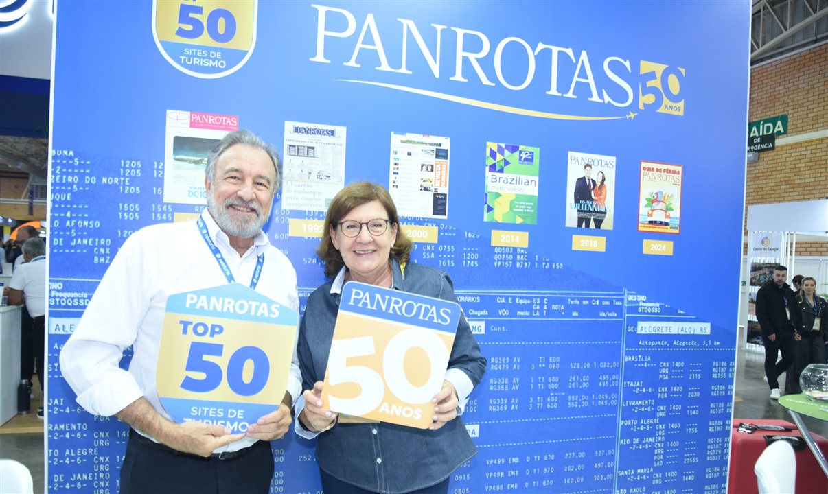 Celso Guelfi com Heloísa Prass no estande da PANROTAS no Festuris 2024