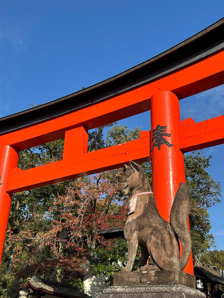 Cristina Gulin (NomadRoots), Juliana Gallo (Embarque Turismo), Paula Lie (Paulalie Viagens Exclusivas), a guia Reiko Sasaki, Tatiana Assad (TA Travel), Renata Yano (Teresa Perez), e Salete e Cecília Indolfo (Diferencial Turismo) no templo Fushimi Inari Taisham, em Kyoto